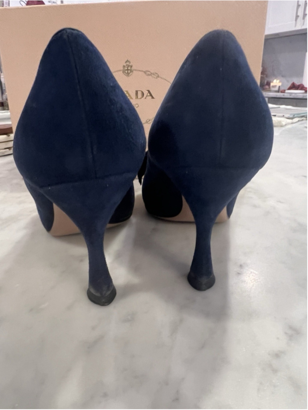 Prada Suede Beaded Bow Navy Blue Designer Heels Sz 39 (8.5/9) With Original Box - Picture 8 of 16